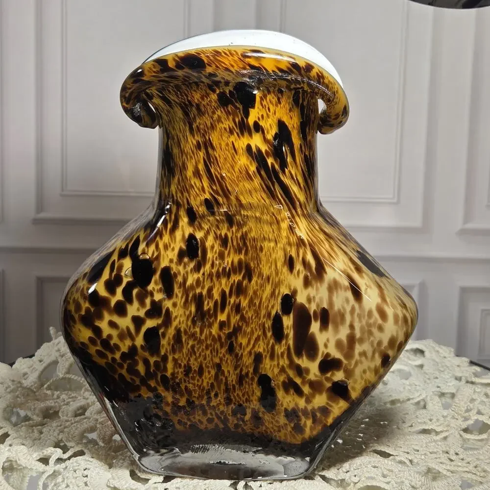 Vintage Estate Murano Style Hand Blown Art Glass Vases Tortoiseshell Patterns